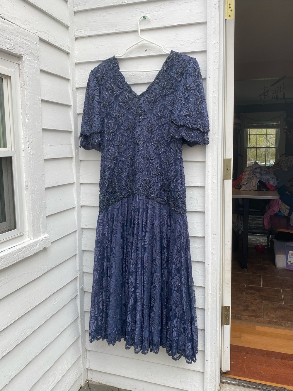 Navy V-Neck Beaded Lace Maxi Dress for Women Mother of the Bride